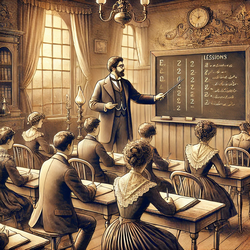 DALL·E 2025-03-27 15.50.46 - A vintage-style illustration of a teacher conducting a lesson in an old-fashioned classroom. The teacher, dressed in early 20th-century attire, is poi